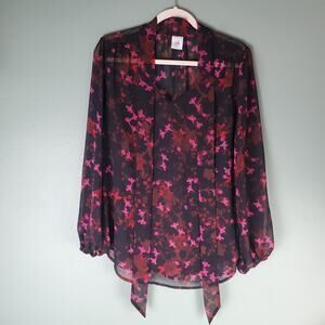 Cabi Womens Black Floral Print Sheer Candlelight Long Sleeve Blouse Size Medium